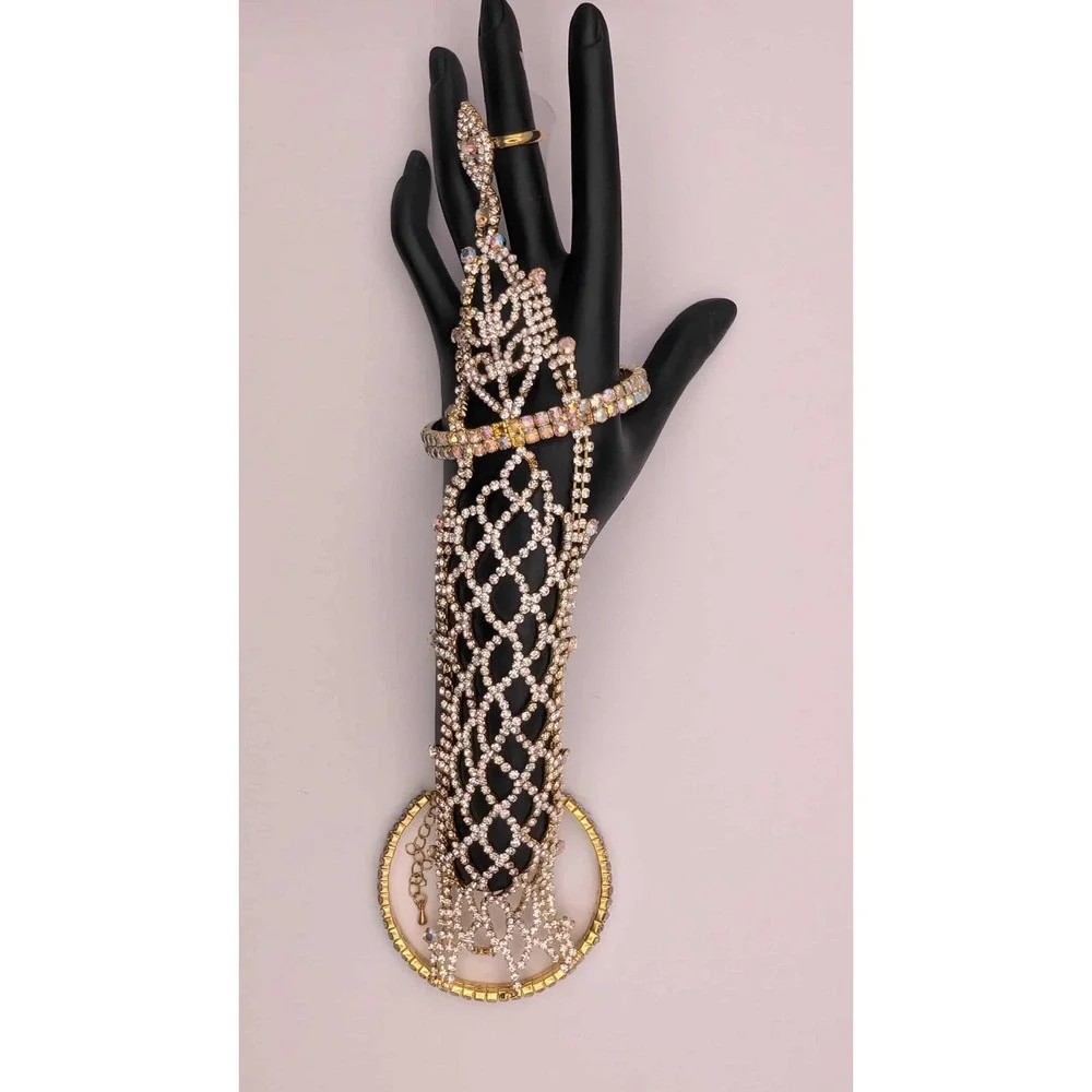 Adjustable Gold Toned‎ Ring To Cuff Bracelet With Rainbow Stone Accents